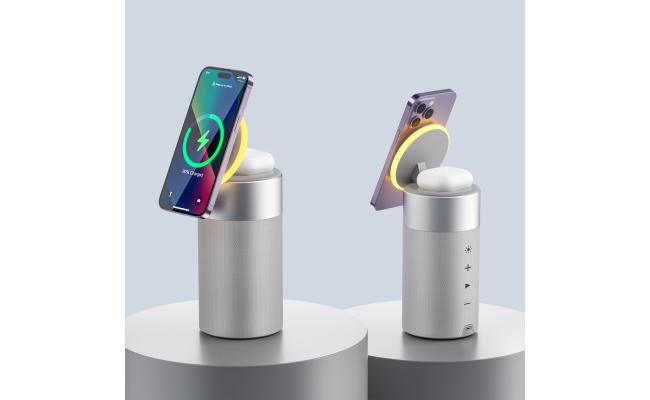 WIWU WI-W022 3 in 1 Multifunctional Wireless Charger 15W Fast Charging with Ambient Light Bluetooth Speaker 5W 360° surround-sound - White